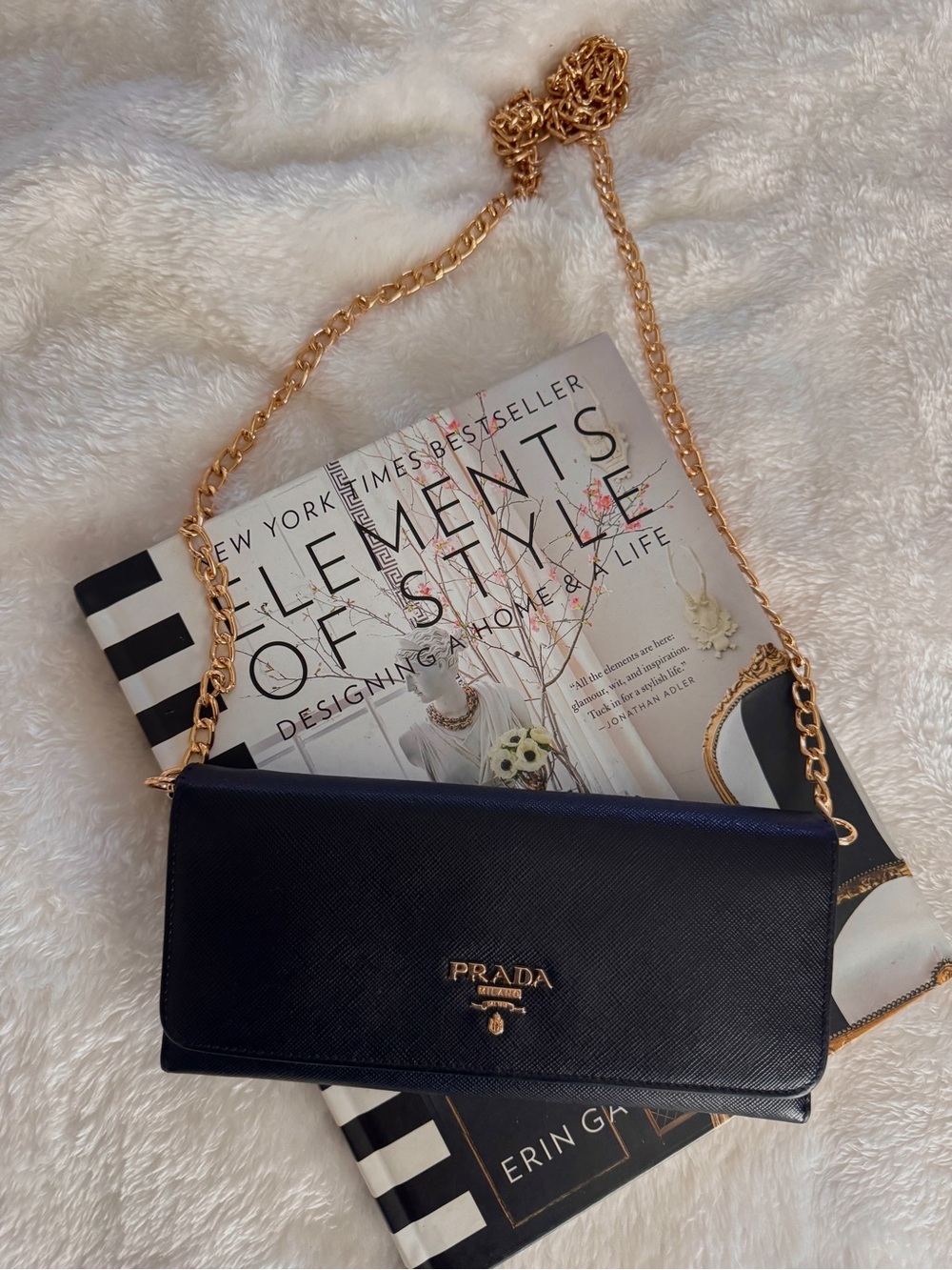 Authentic Black Saffiano Leather Chain Wallet